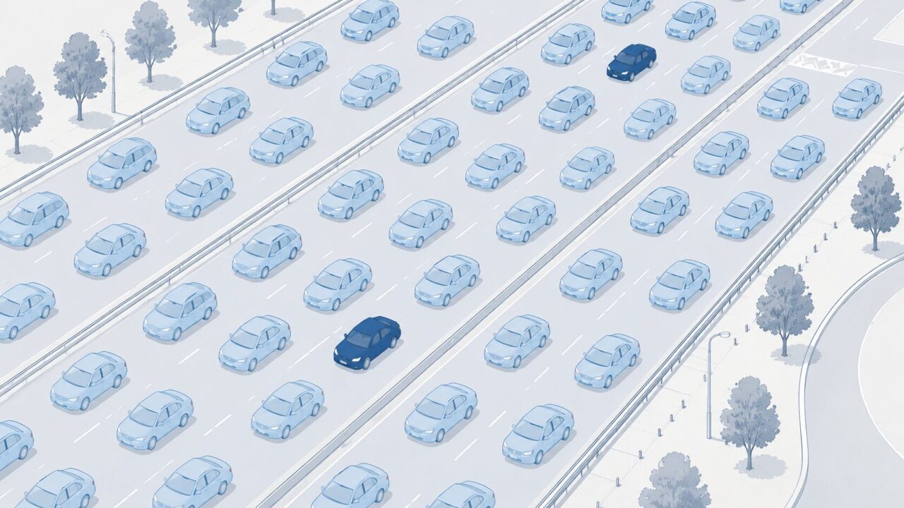 道路に流れる多数の車のうち大半が該当することを示すイラスト
