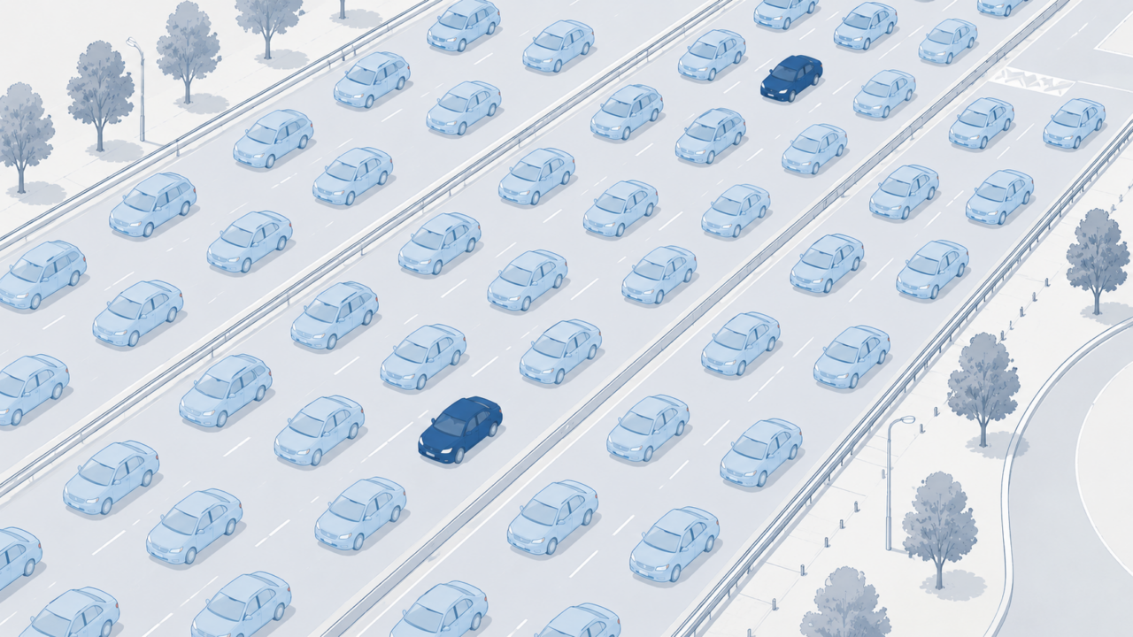 道路に流れる多数の車のうち大半が該当することを示すイラスト
