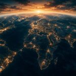 薄明かりの地球に世界各地の車の光が灯るシネマティックな俯瞰