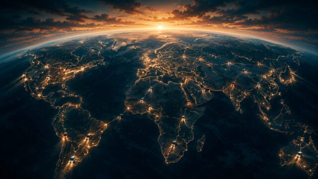 薄明かりの地球に世界各地の車の光が灯るシネマティックな俯瞰