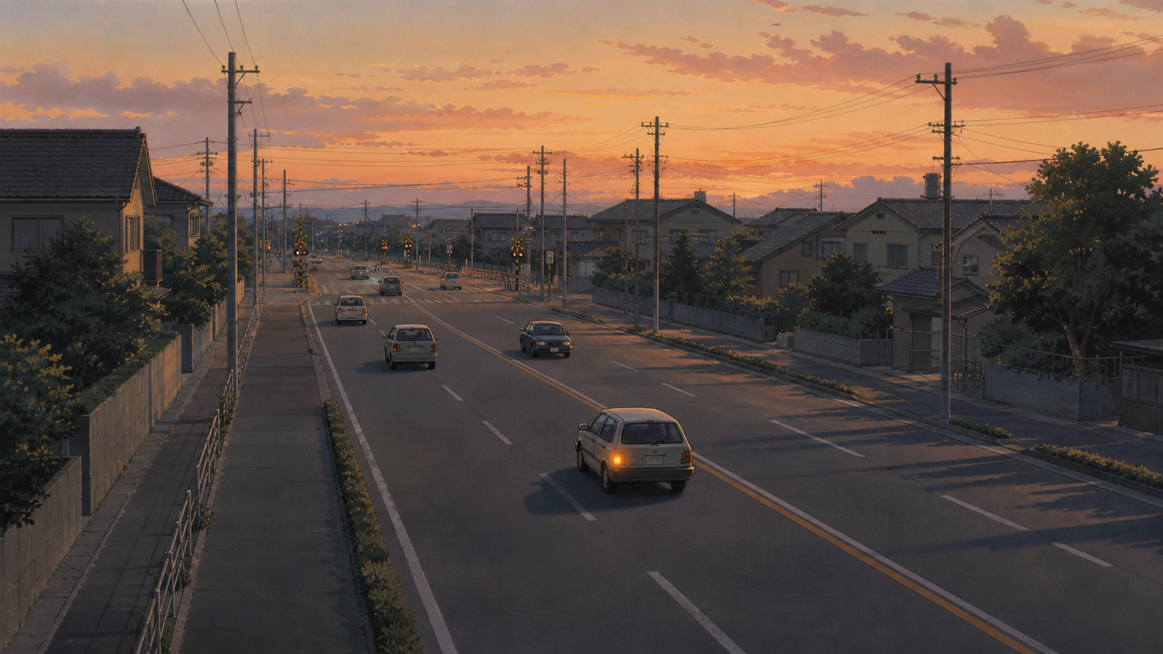 夕暮れの道路を早めの合図でゆとりを持って走る車