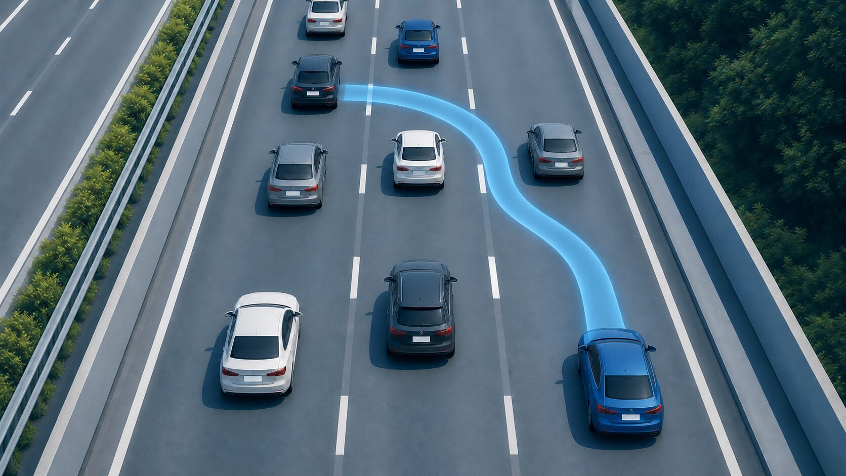 左側の車線を基本に、追い越すときだけ右へ出て戻る動きの俯瞰図