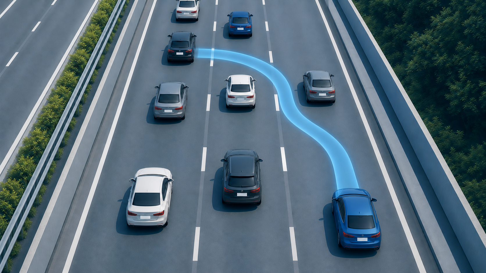 左側の車線を基本に、追い越すときだけ右へ出て戻る動きの俯瞰図