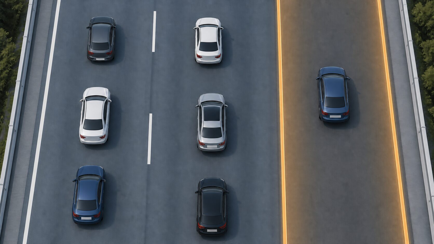 片側3車線で左と中央は通常走行、最も右側だけ追い越し用と区別した俯瞰図