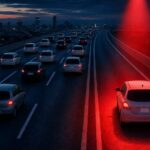 他の車は左車線を走る中、1台だけ最も右側の車線を走る車に赤い光が当たるイラスト