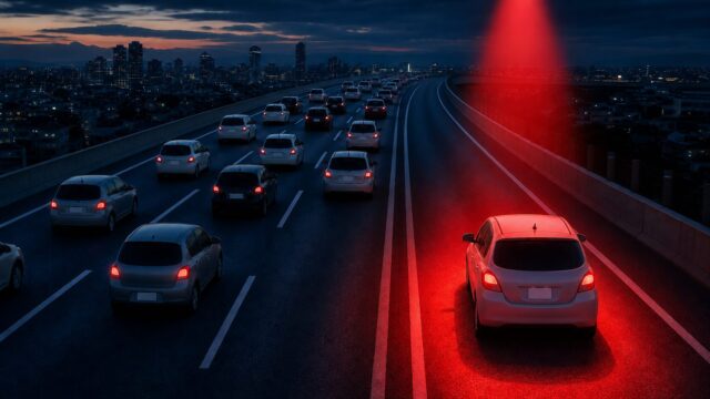 他の車は左車線を走る中、1台だけ最も右側の車線を走る車に赤い光が当たるイラスト