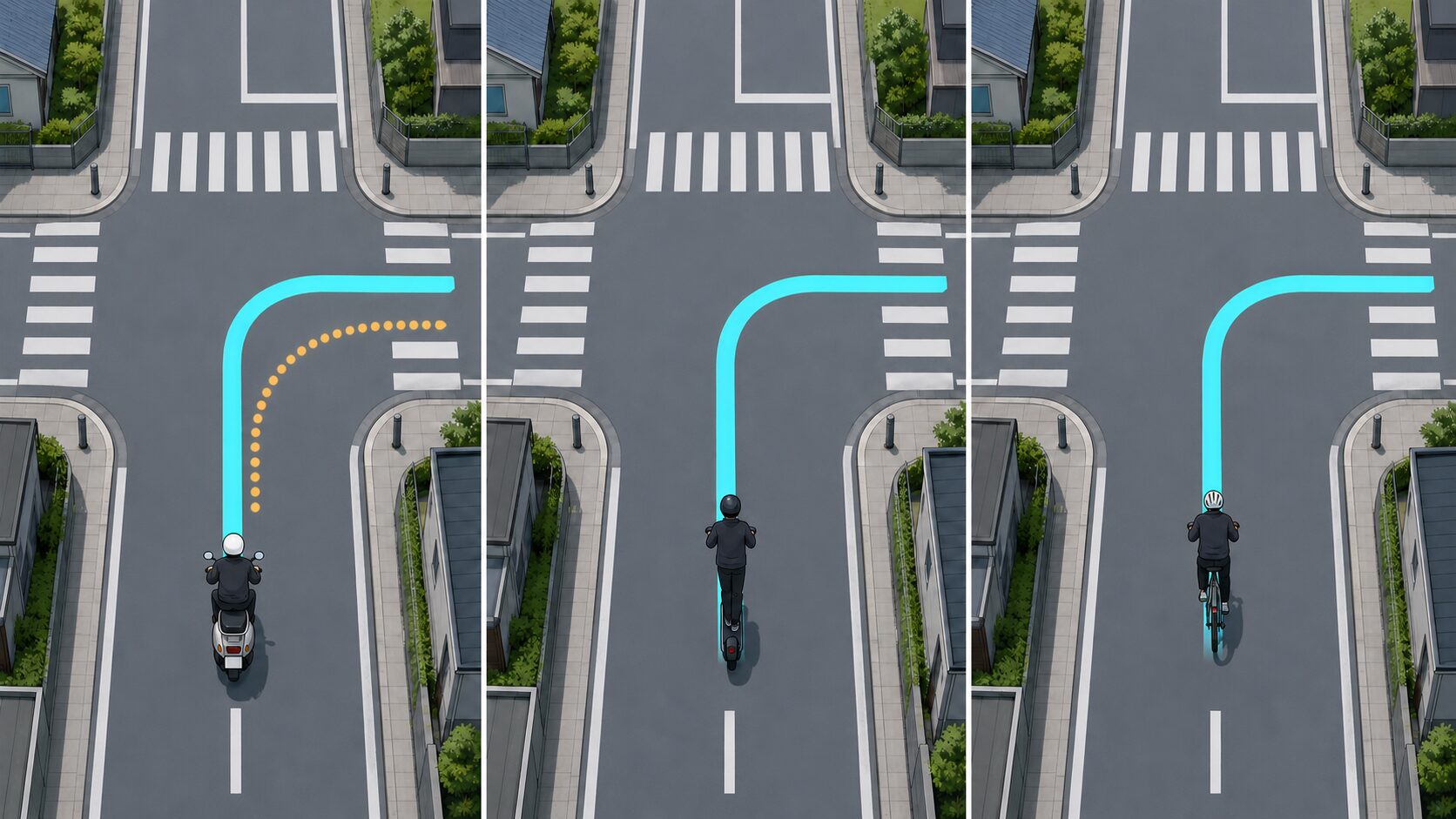 3車種の右折軌跡を並べて比較した俯瞰図
