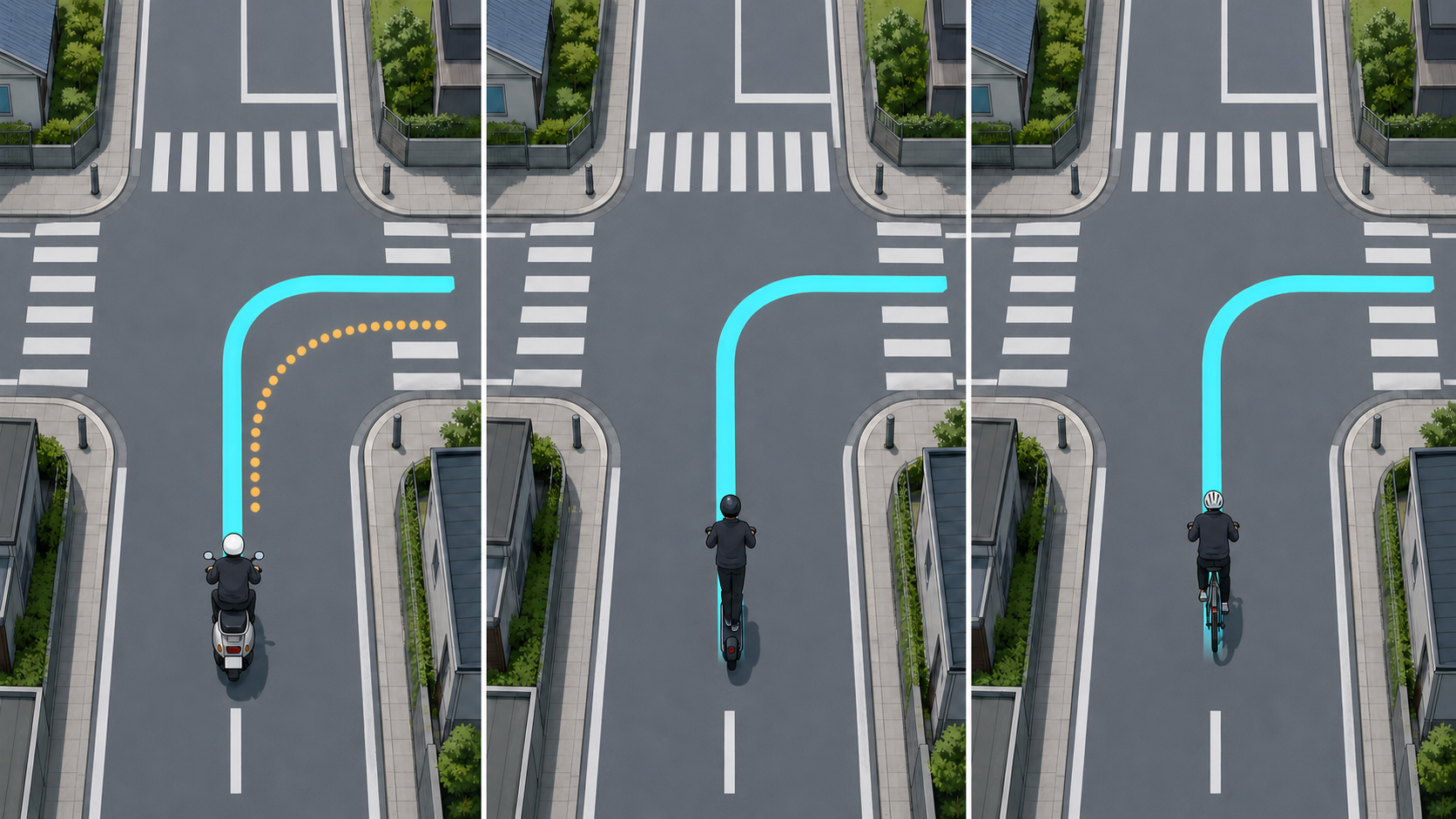 3車種の右折軌跡を並べて比較した俯瞰図