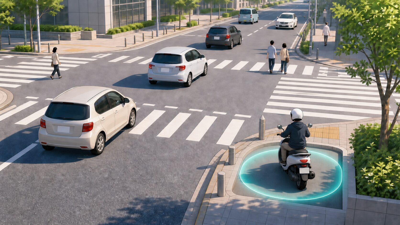 交差点を渡った先で直進車や歩行者の邪魔にならない位置で待つ原付