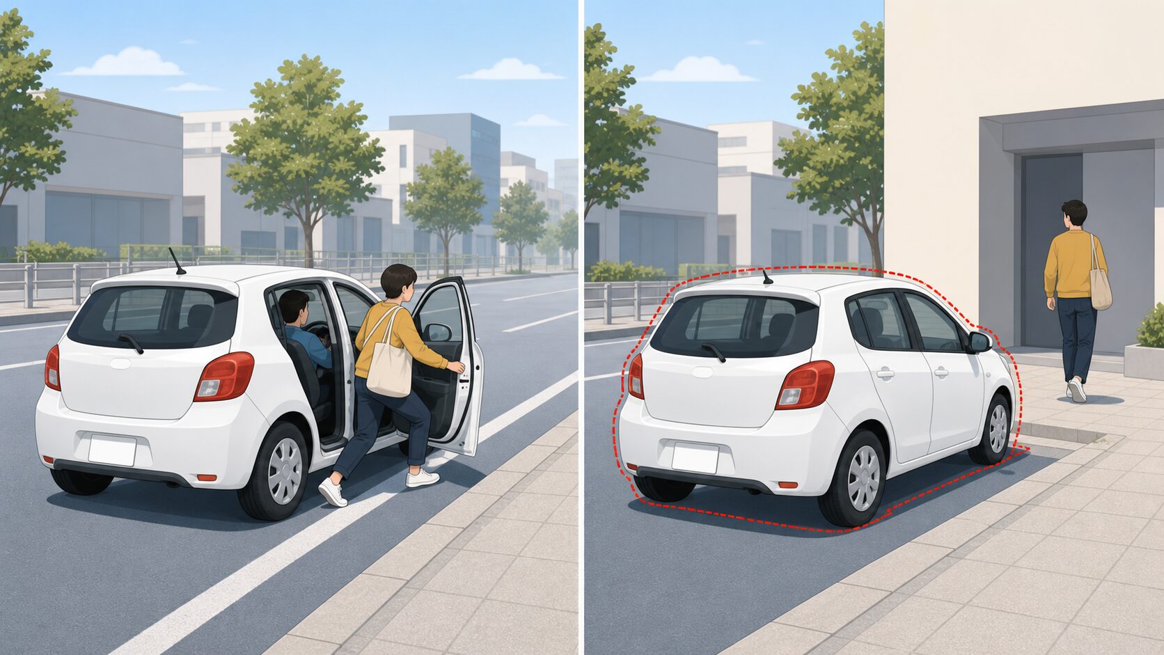 人が乗り降りする停車と運転者が車を離れる駐車を対比した図