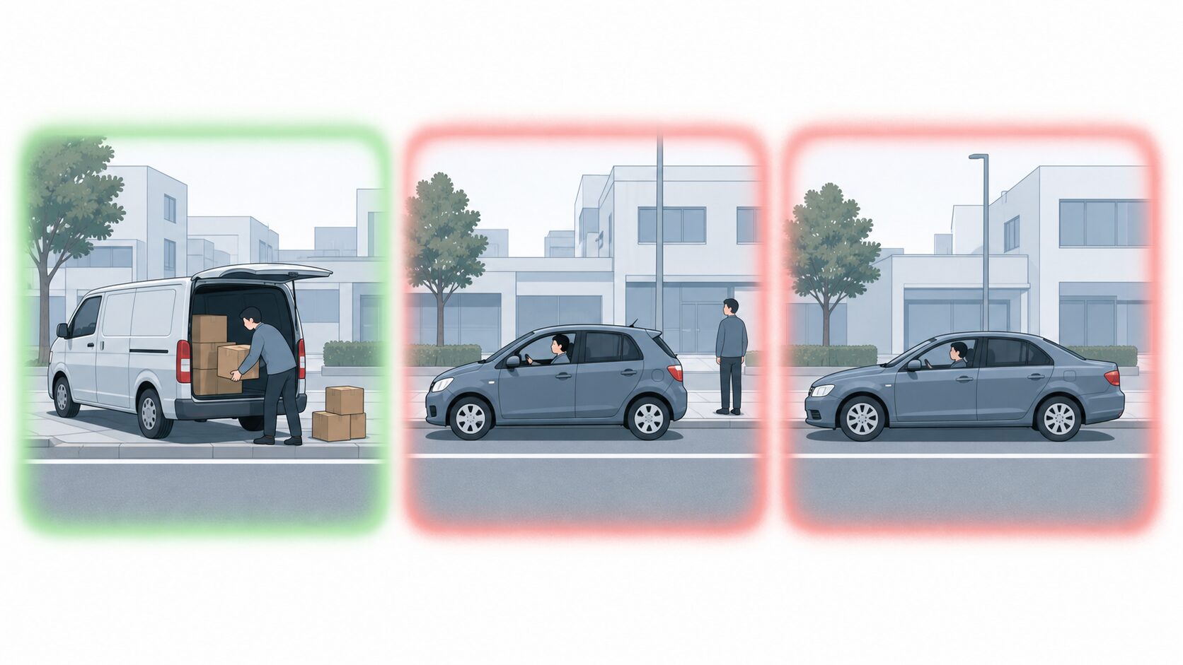 荷下ろしと人待ち・客待ちを対比し5分が効くのは荷下ろしだけと示す図
