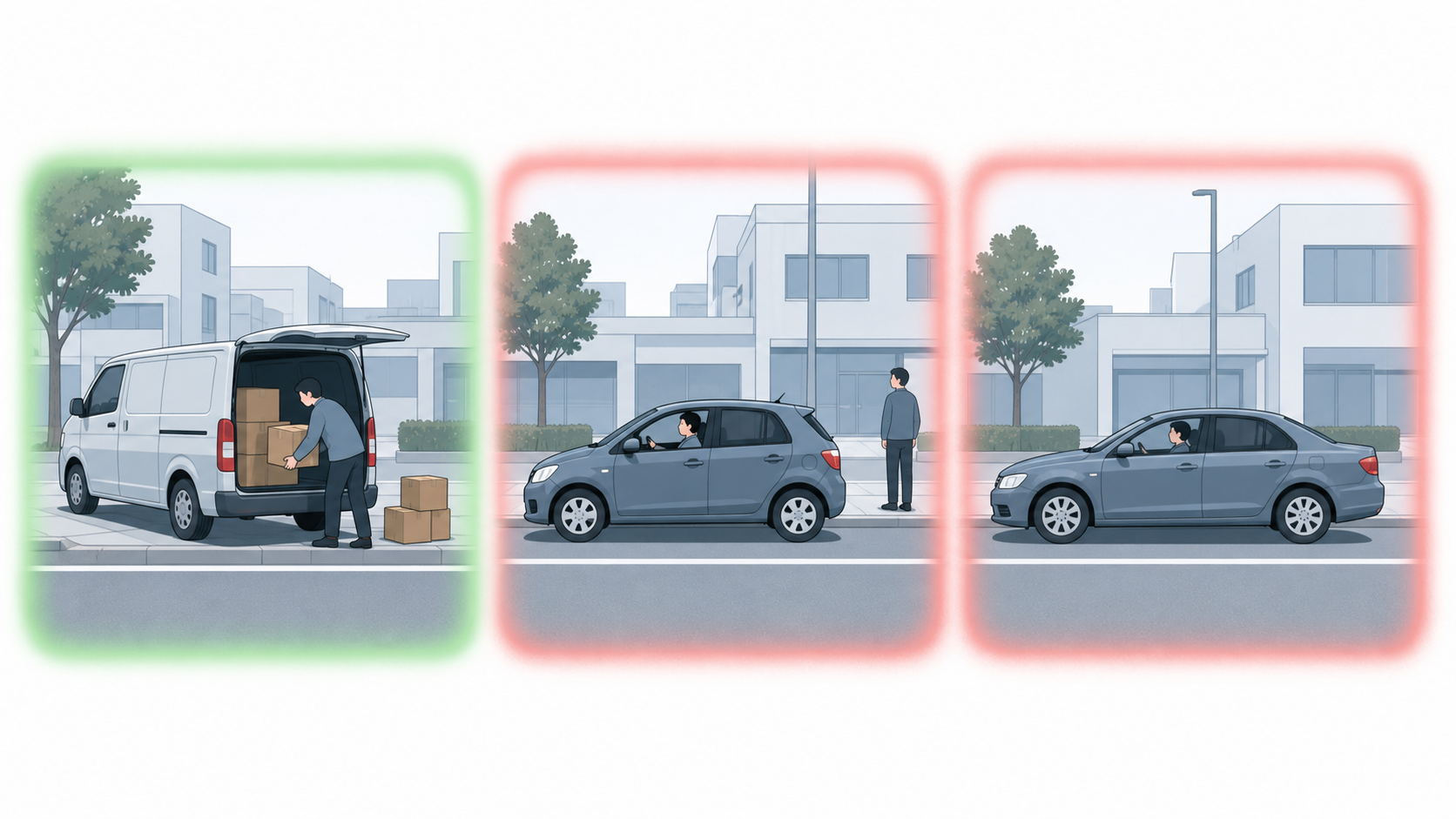 荷下ろしと人待ち・客待ちを対比し5分が効くのは荷下ろしだけと示す図