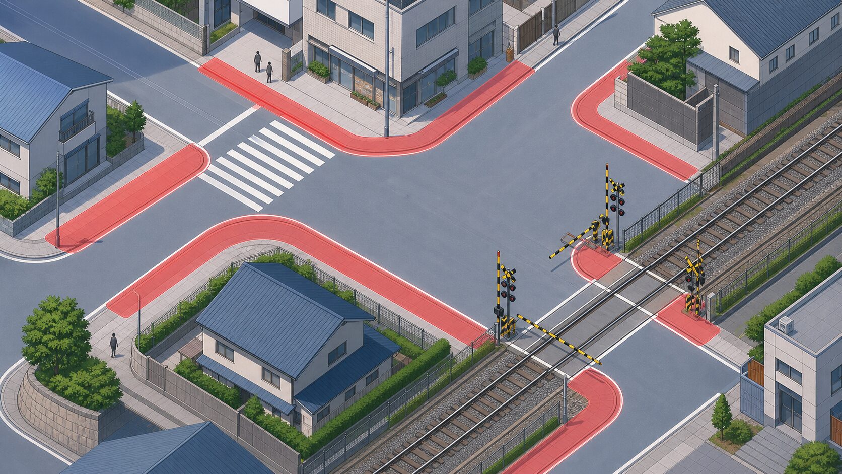 交差点や横断歩道や踏切のそばに停車禁止の赤いゾーンが広がる俯瞰図