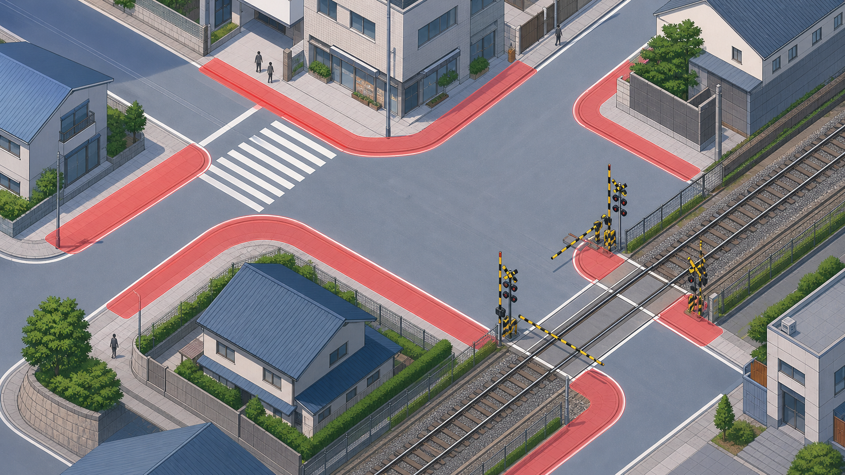 交差点や横断歩道や踏切のそばに停車禁止の赤いゾーンが広がる俯瞰図