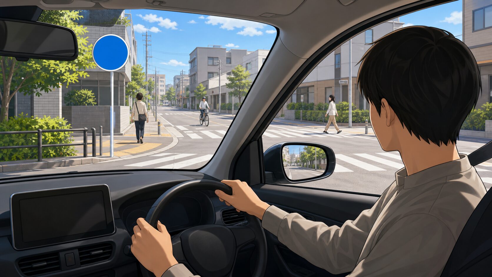 停車する前に標識や交差点など周囲を確認するドライバー