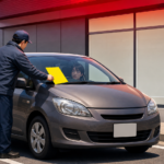 路肩に停めた車のフロントガラスに黄色い確認標章が貼られようとしている場面のイラスト