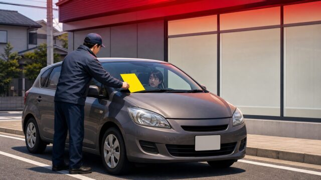 路肩に停めた車のフロントガラスに黄色い確認標章が貼られようとしている場面のイラスト
