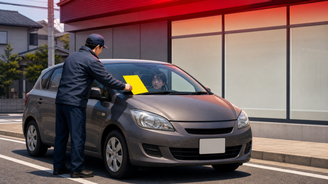 路肩に停めた車のフロントガラスに黄色い確認標章が貼られようとしている場面のイラスト