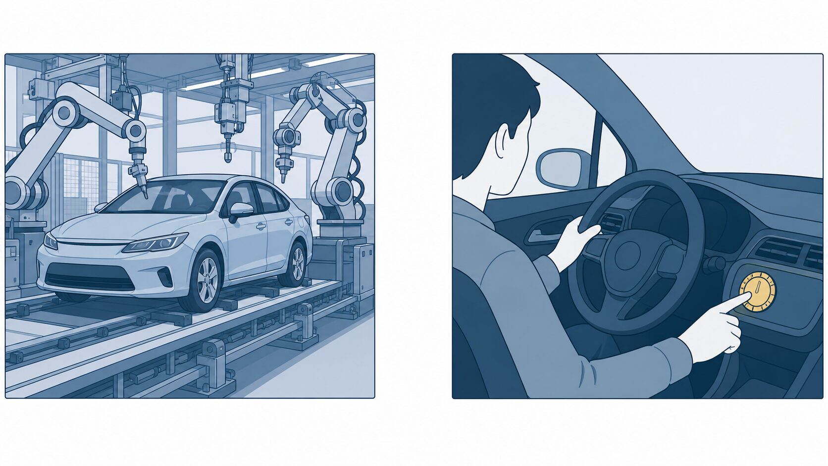 工場で作られる車に課される装備の基準と、運転者がライトを操作する義務は別の制度であることを示す2枚の対比図