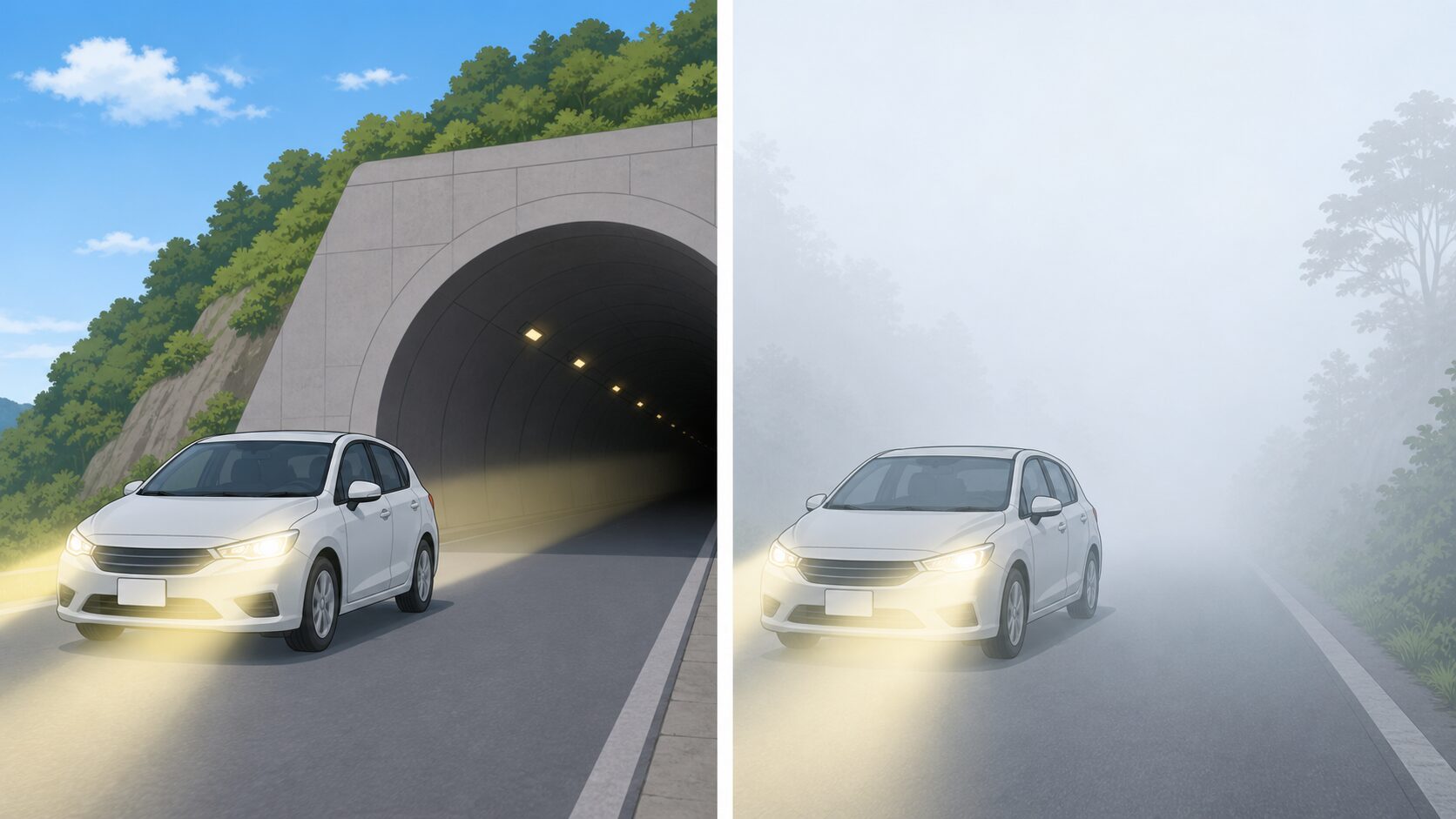 昼間でもトンネルの中と濃霧の道でヘッドライトを点灯して走行する車