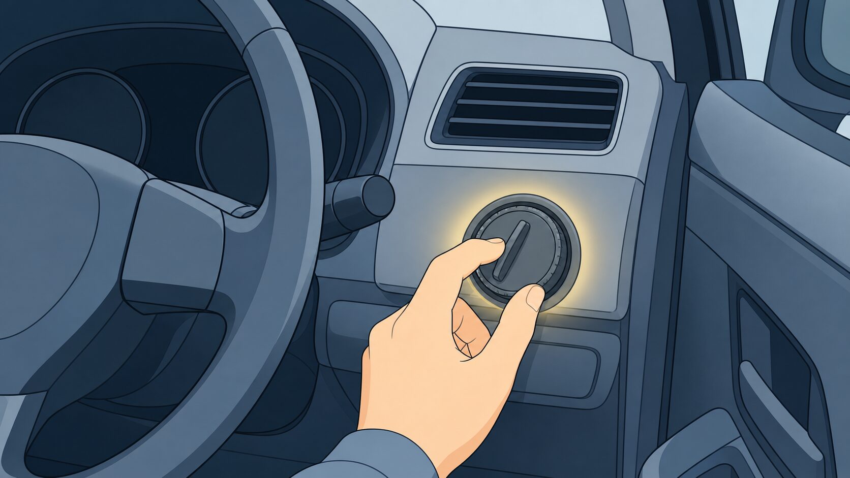 運転席のライトスイッチのダイヤルに手を伸ばして確認するドライバーの手元