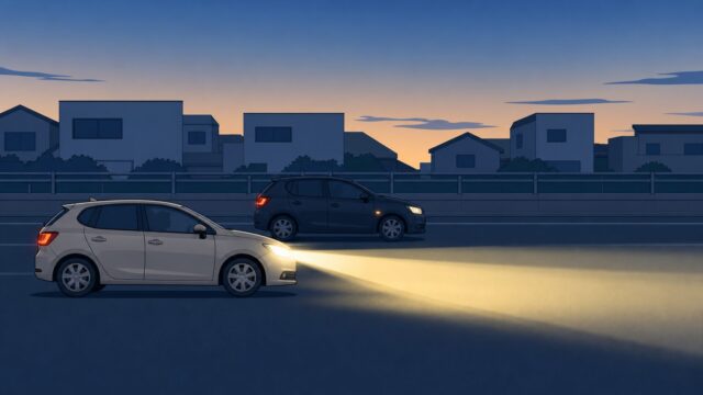 薄暮の道路で、前方を照らしている車と、前方に光が届いていない車の対比