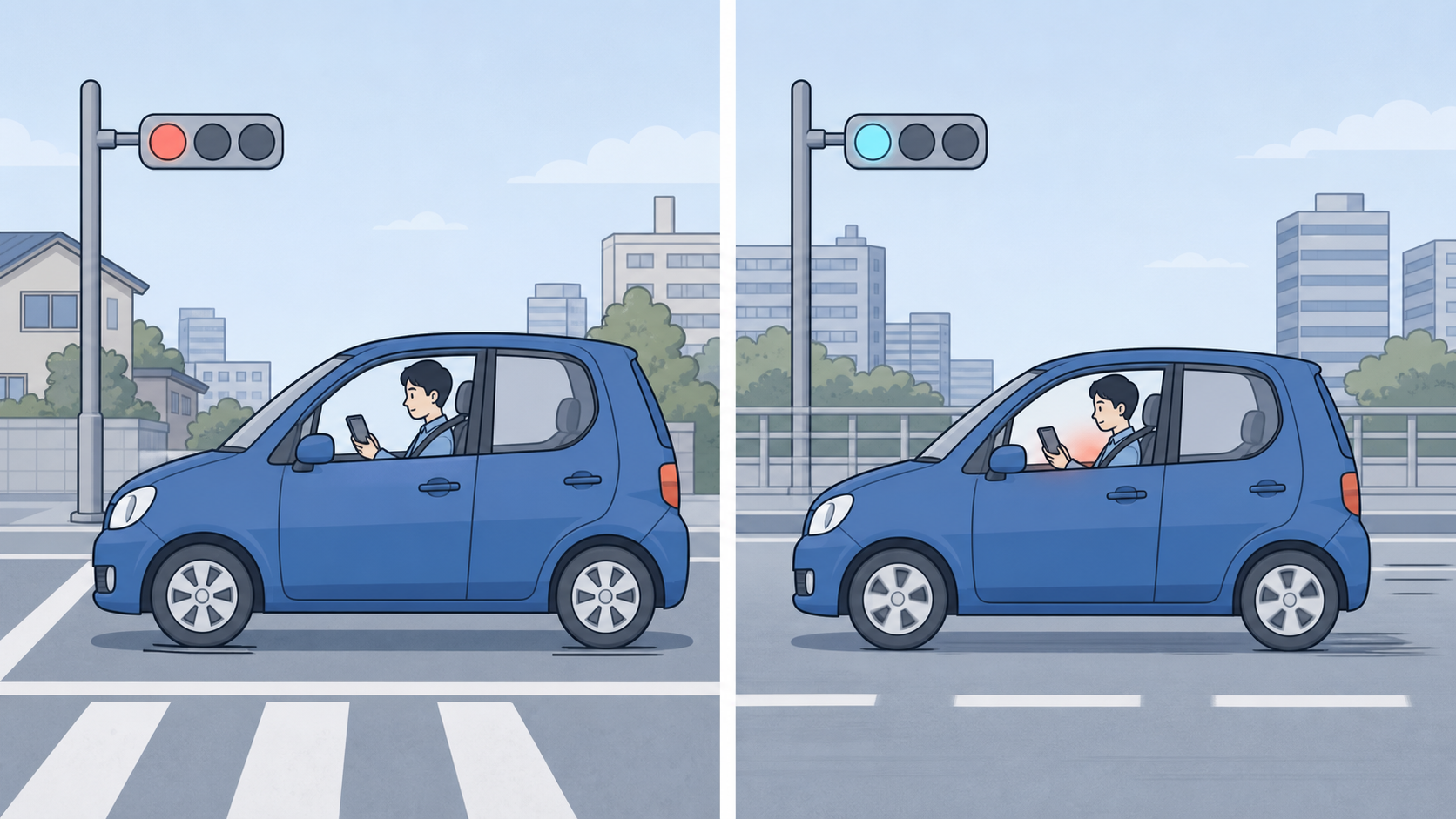 赤信号で完全停止している車と、走行中にスマホを見る車を左右で比較した図