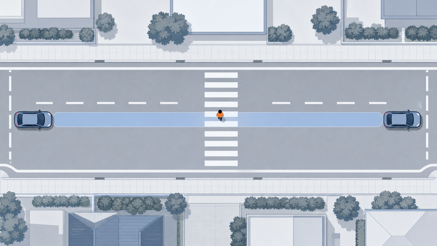 短時間に車が進む長い距離と、その途中にある横断歩道と歩行者を俯瞰で示す図