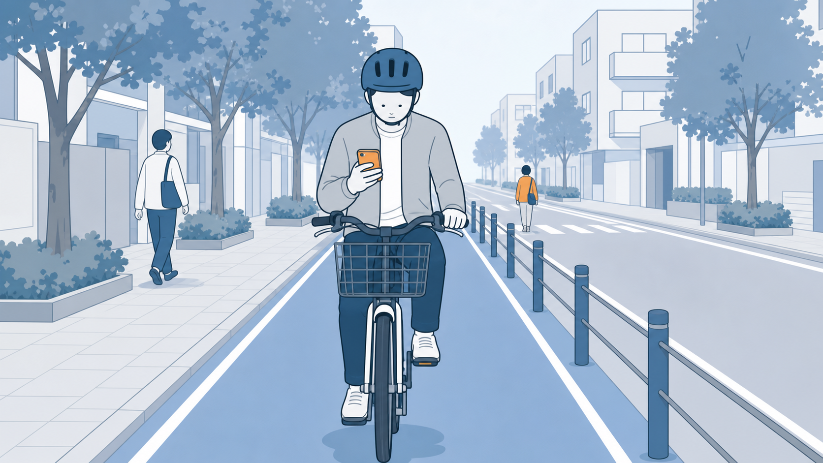 自転車に乗りながらスマホを見て前方の歩行者に気づいていない様子を示す図