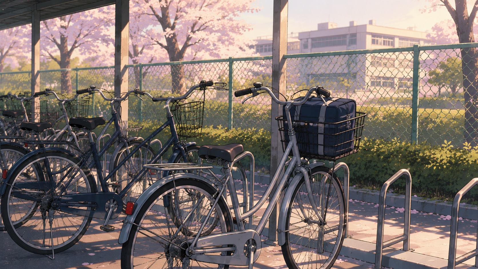 通学かばんを前かごに載せた自転車が並ぶ学校近くの駐輪場のイラスト