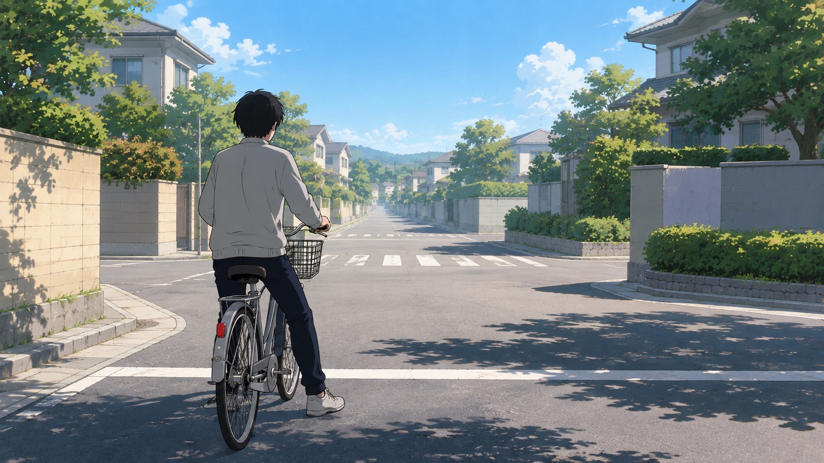 交差点の手前で停止して片足をつく自転車の後ろ姿のイラスト