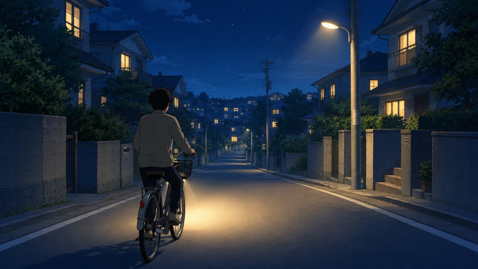 前照灯を点けて夜の住宅街を走る自転車のイラスト