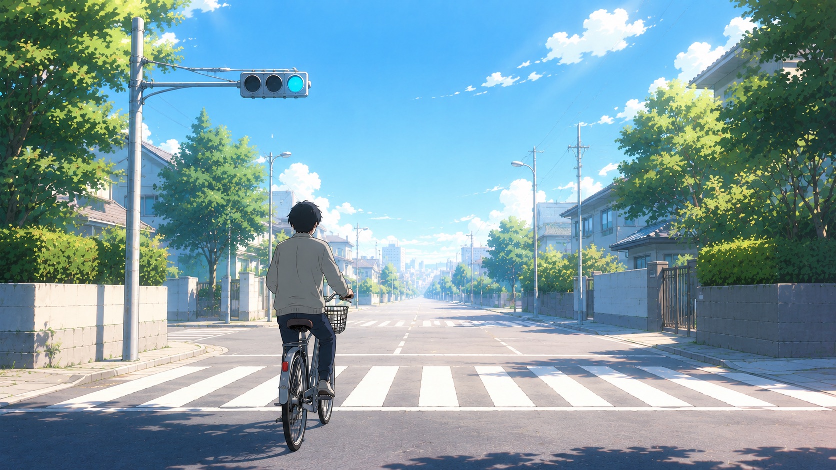 青信号の交差点を渡る自転車の後ろ姿のイラスト