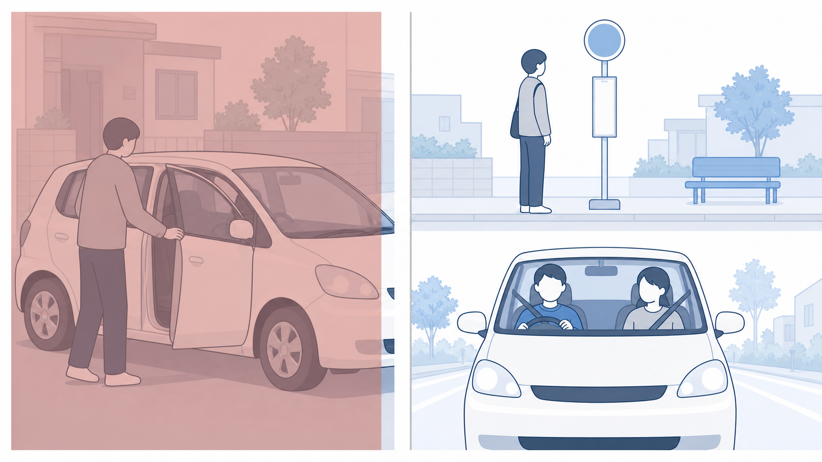 失効中に自分で運転するのを避け、バスや同乗で免許センターへ向かうことを示す対比図