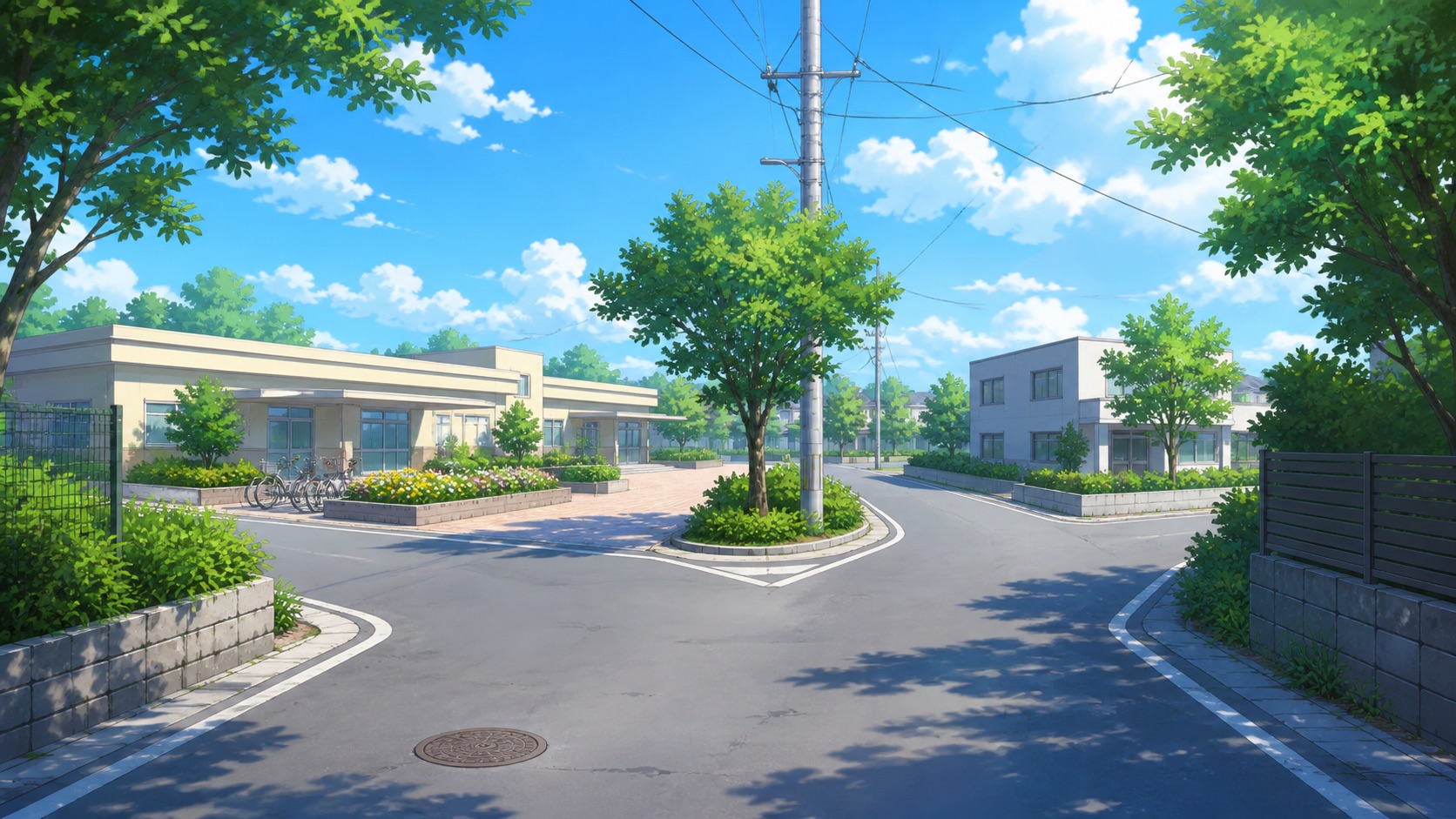 1本の道が左右に分かれ、その先にそれぞれ別の公共施設が建っている住宅街のイラスト