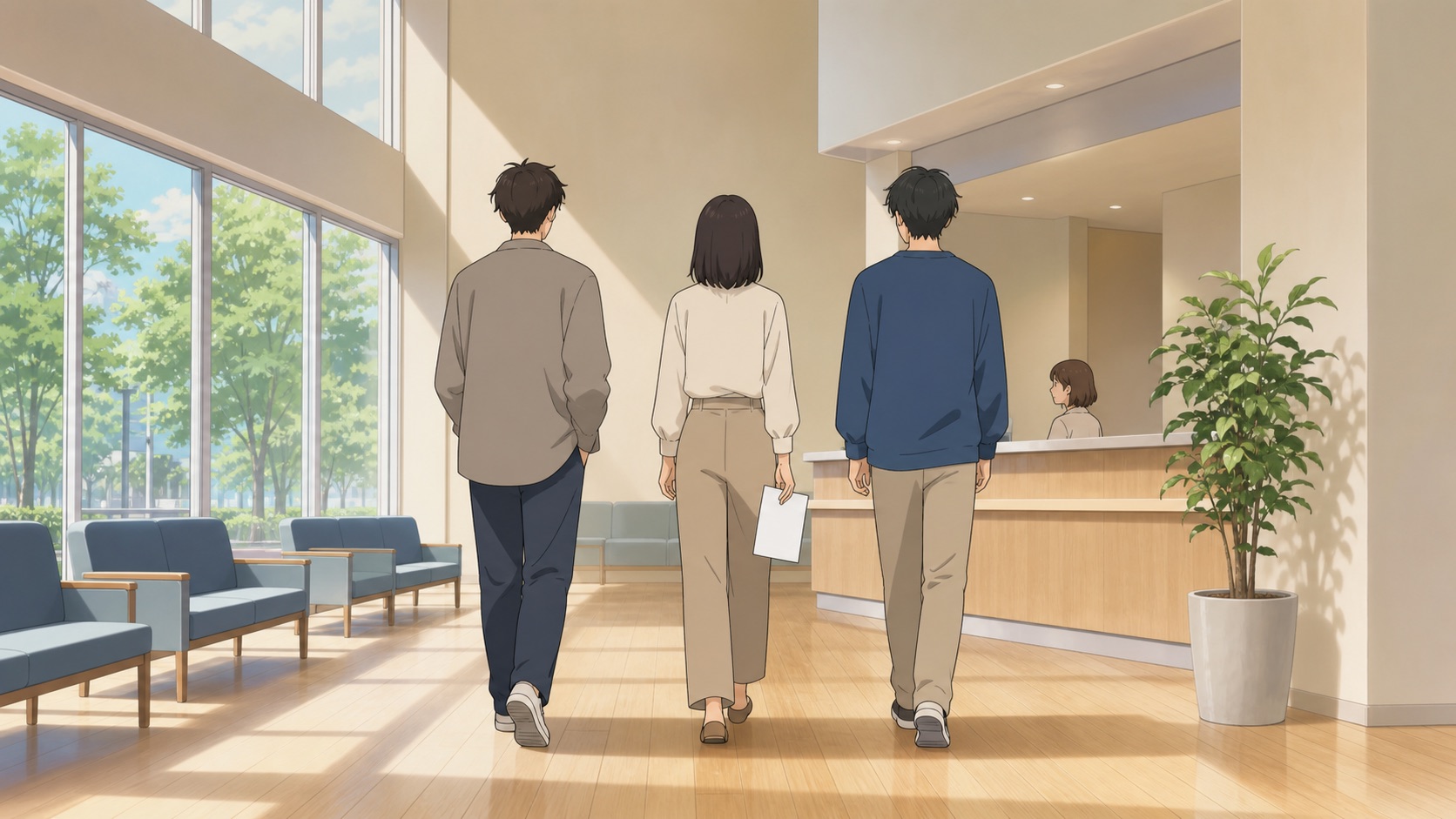 公共施設の明るい待合スペースを、3人が後ろ姿で並んでカウンターへ歩いていくイラスト