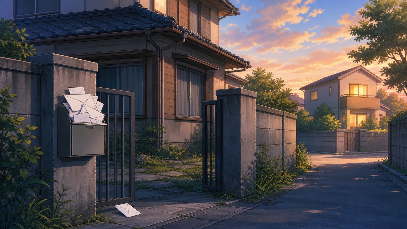 留守の家の郵便受けから白い封筒が溢れ、奥に明かりのついた家が見える夕方の住宅街のイラスト