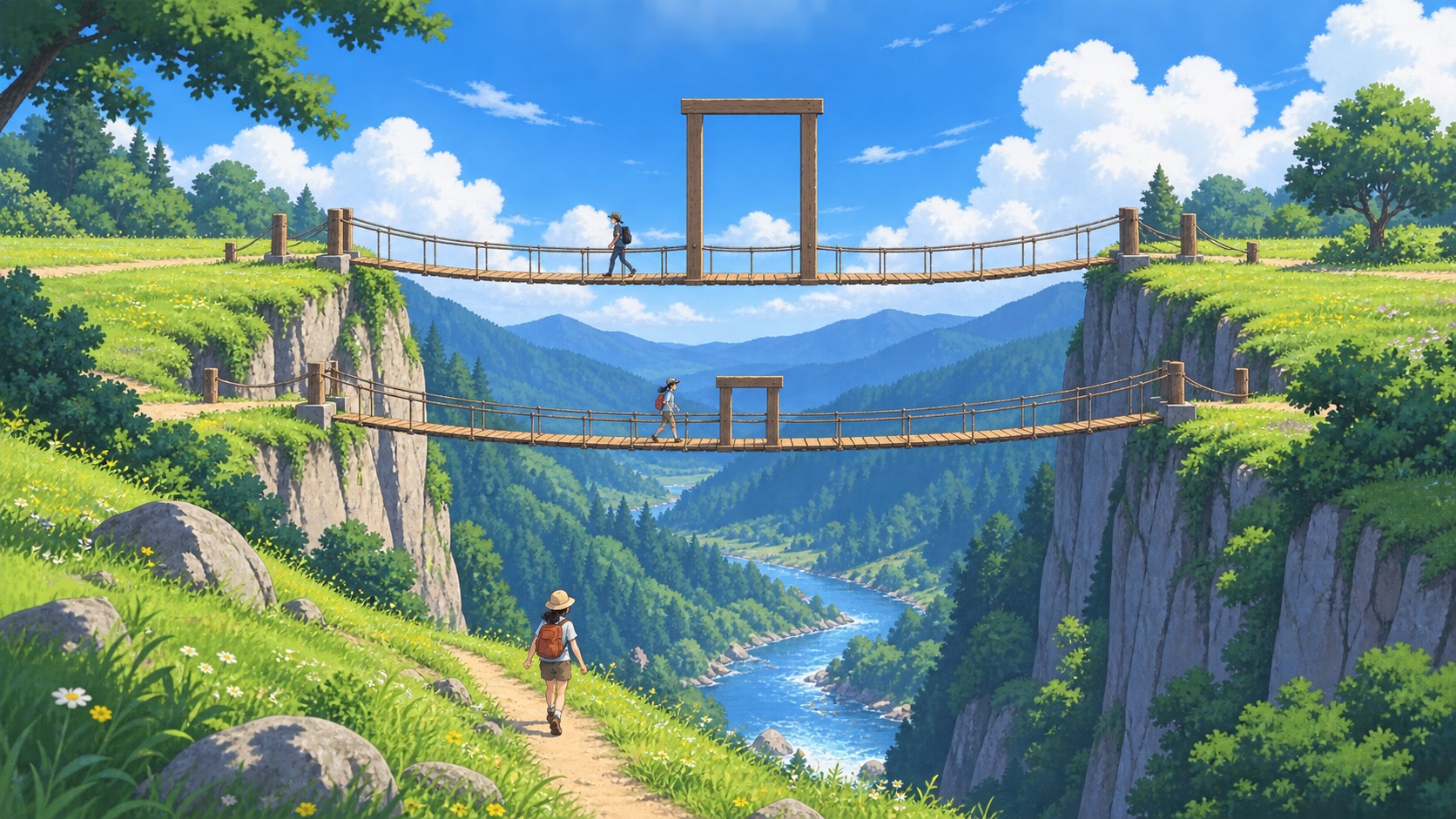 谷に架かる2本の吊り橋に大小の門があり、門のない小径も通っているイラスト