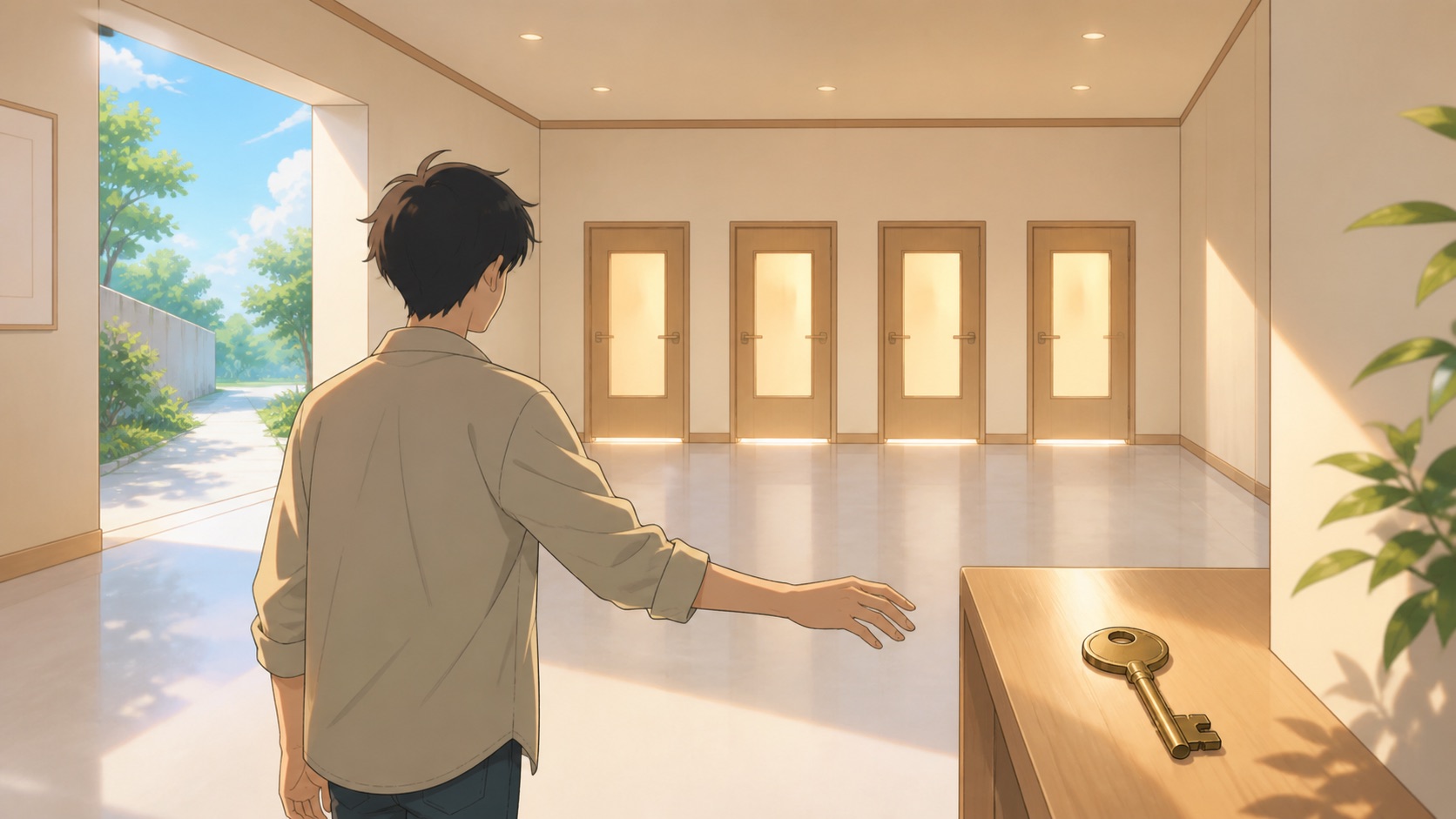 閉じた4つの扉と手前に置かれた1本の鍵、脇に開いた通路があるイラスト