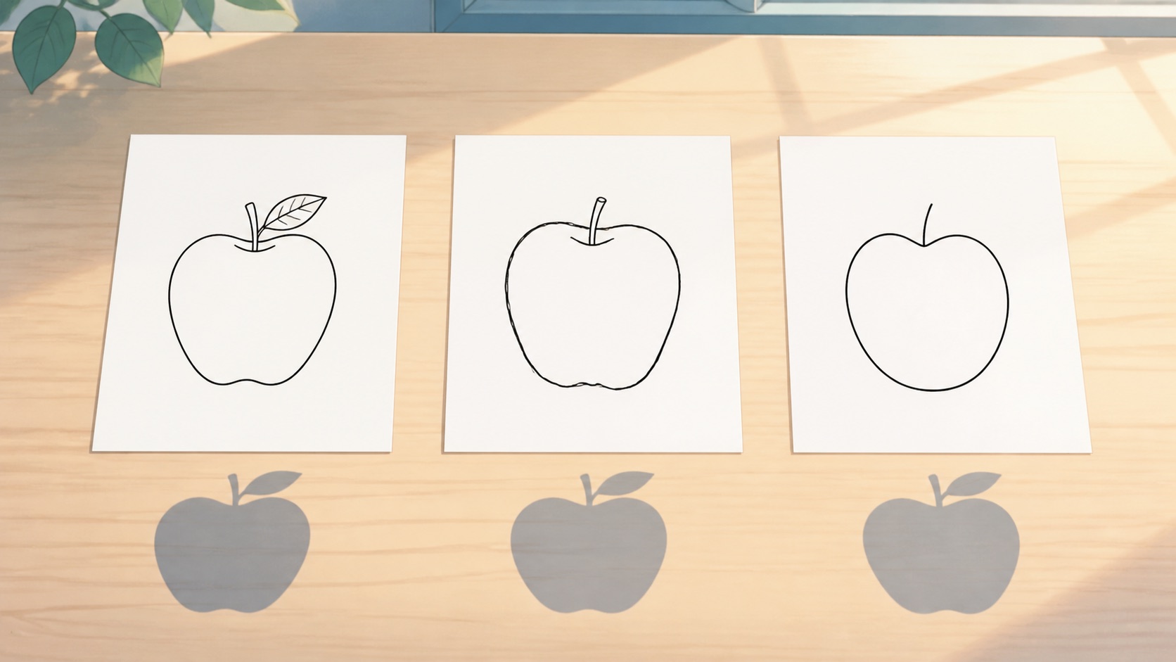 描き方の違う3枚のりんごの絵が、まったく同じ形の影を落としているイラスト