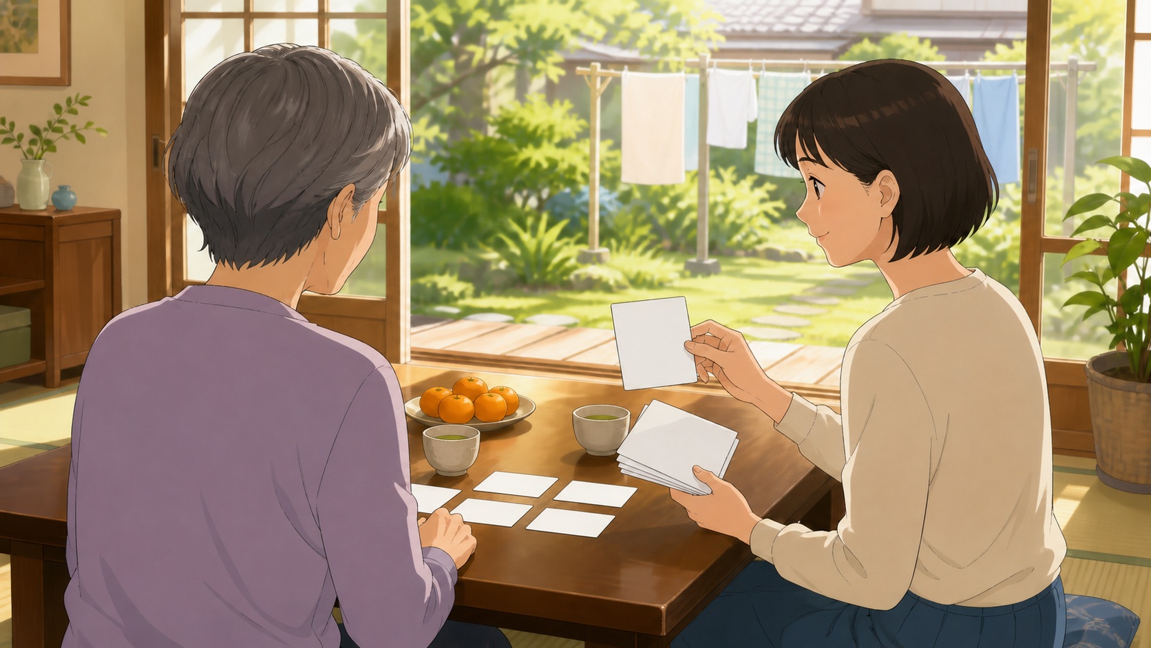 縁側で高齢の人と家族が並んで座り、無地のカードを見せ合っているイラスト