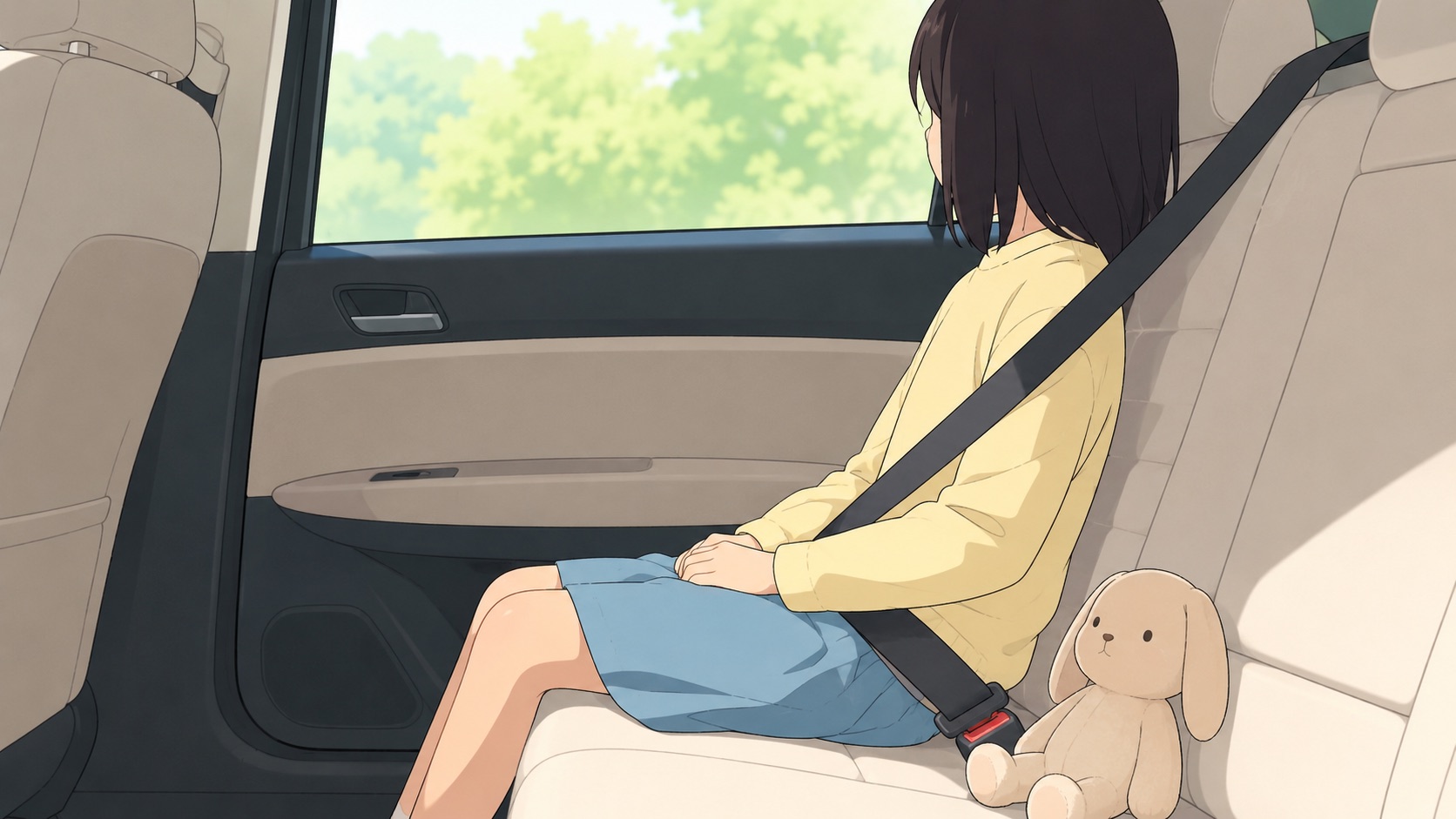 車の後部座席に座る子どもを真横から見た構図で、シートベルトが肩と腰に正しくかかっているイラスト