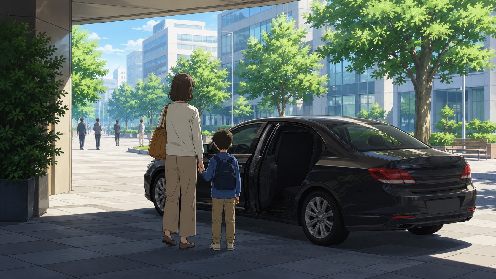 街なかの車寄せで、大人と子どもが手をつなぎ、後部ドアの開いた車に乗ろうとしている後ろ姿のイラスト
