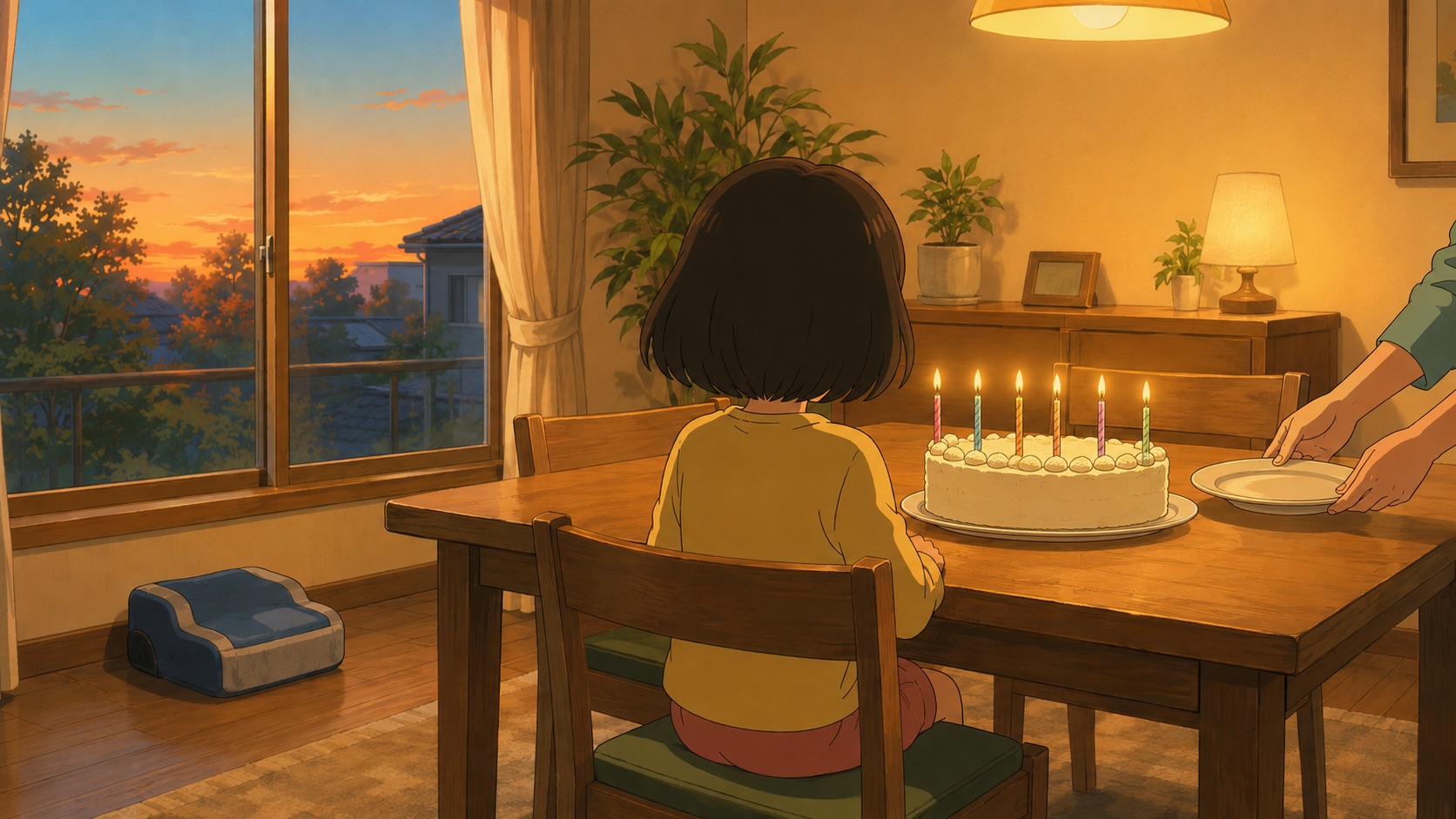 夕方のダイニングで、子どもが後ろ姿でろうそくの立ったケーキに向かい、部屋の隅にジュニアシートが置かれているイラスト