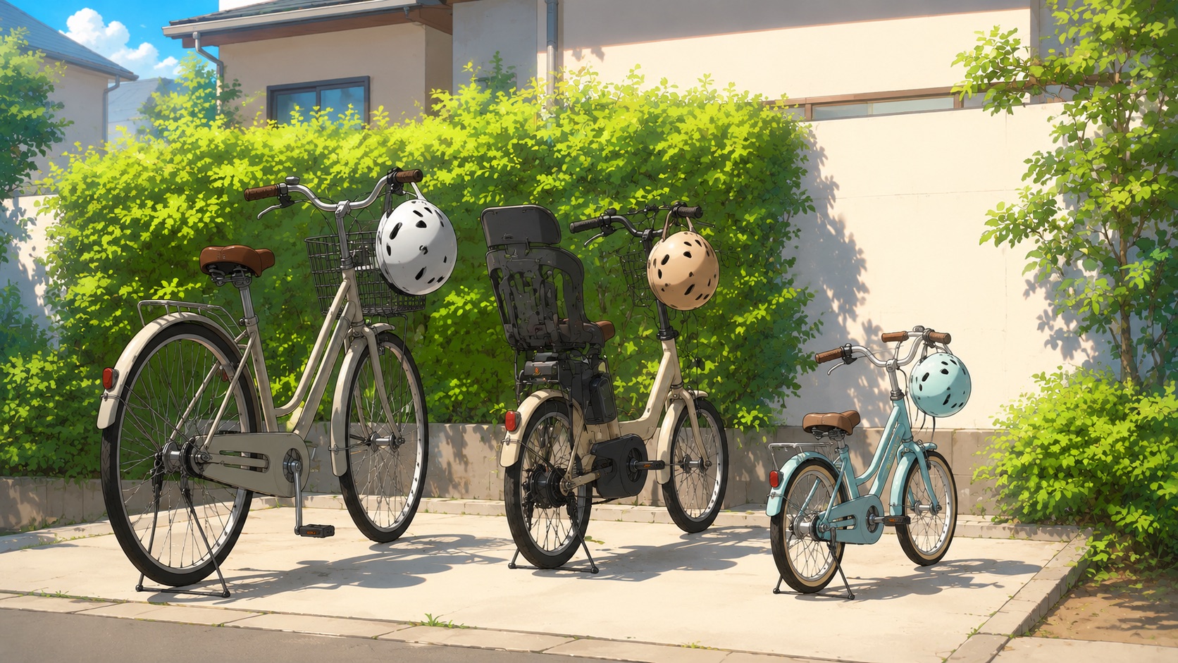 大人用・子ども乗せ・子ども用の3台の自転車と、それぞれのヘルメットのイラスト