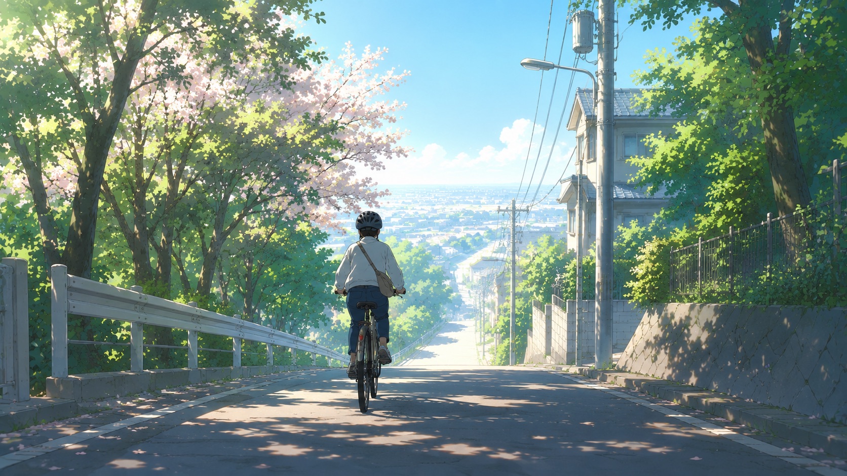 ヘルメットをかぶって朝の並木道を走る自転車の後ろ姿のイラスト