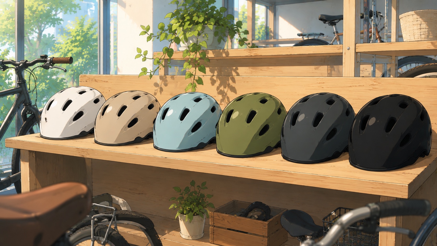 店の棚に並んだ色違いの自転車用ヘルメットのイラスト