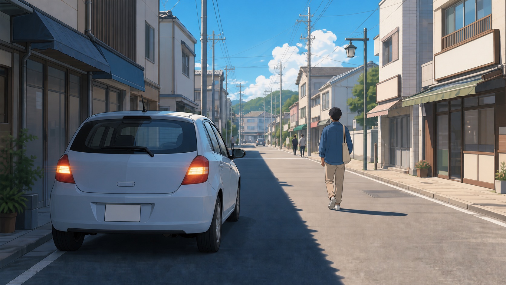 路肩にハザードを点けて停めた車から、運転者が離れて歩き出しているイラスト
