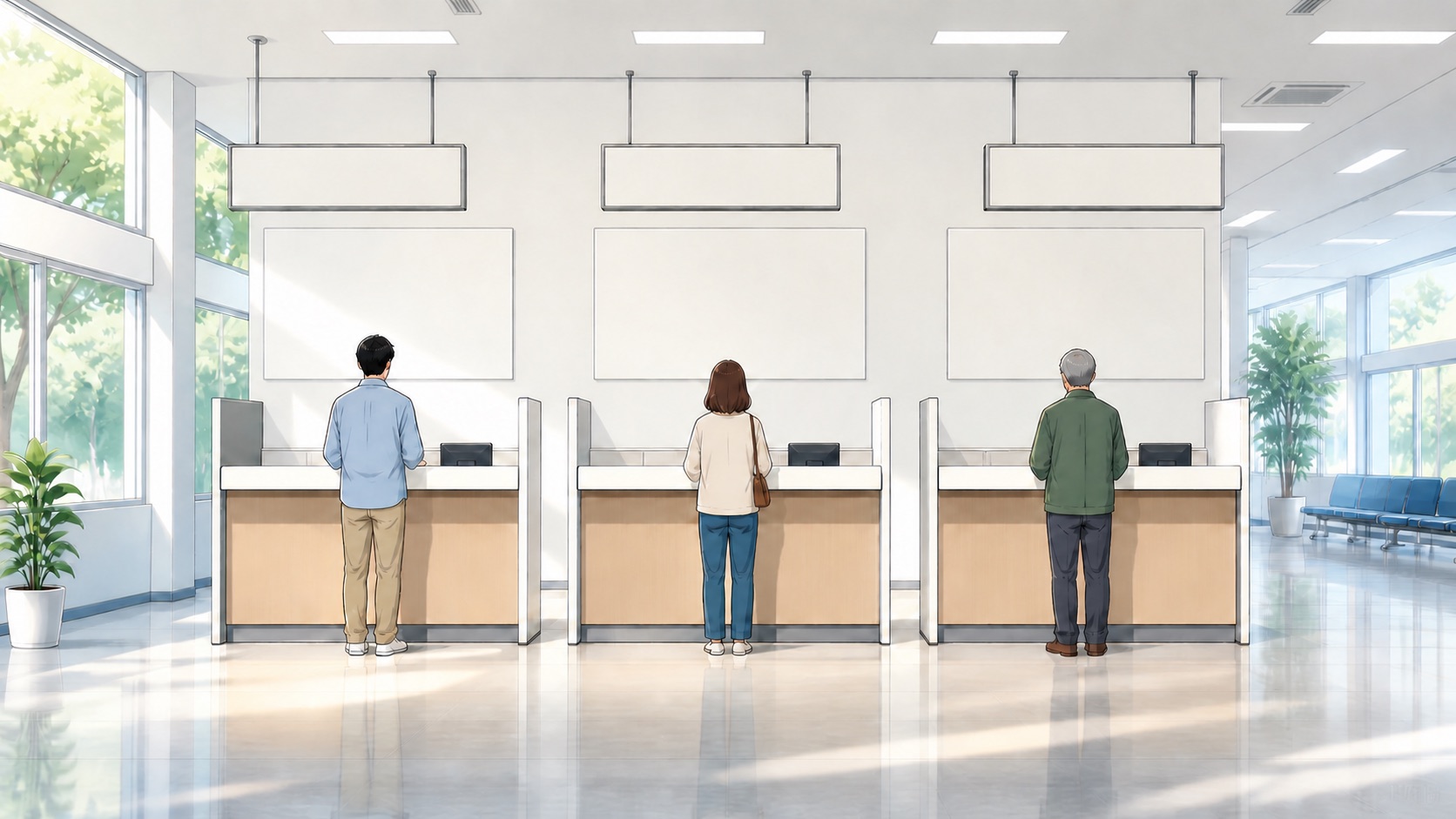 明るい運転免許センターで、3つの窓口に人が1人ずつ立っているイラスト