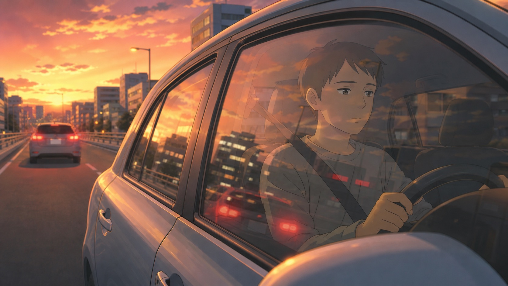 夕方の車内で、静かな緊張をたたえてハンドルを握る運転者のイラスト